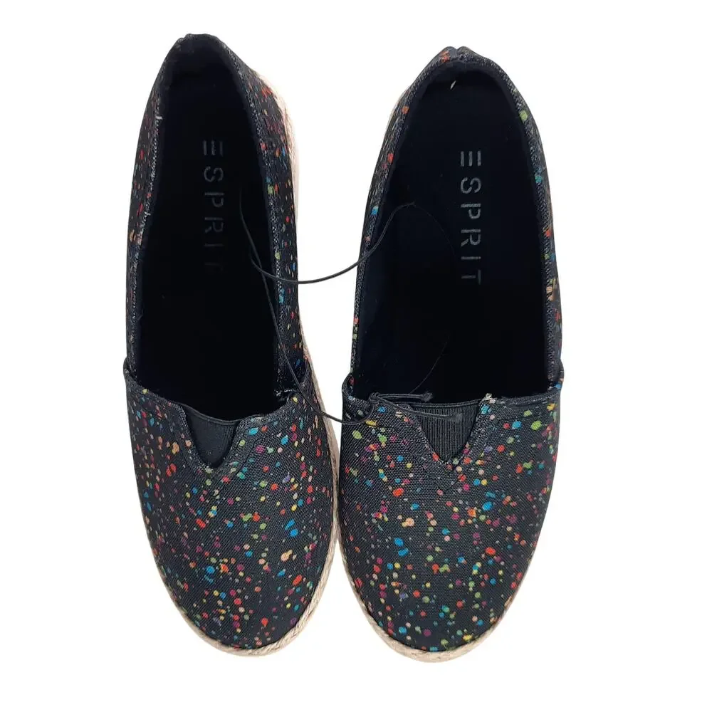 Esprit Ellery Flats Black Canvas Paint Splatter Espadrille Slip On Jute Sz 6 New